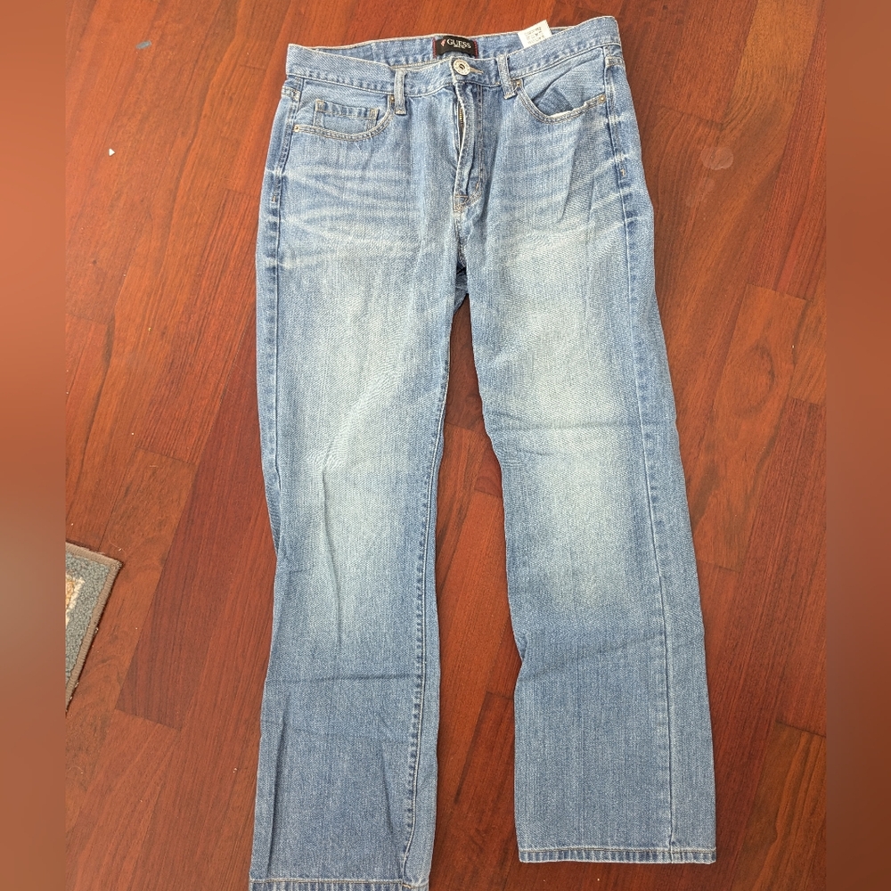 Guess Blue Straight-Leg Jeans with Distressed Look Size 34x30